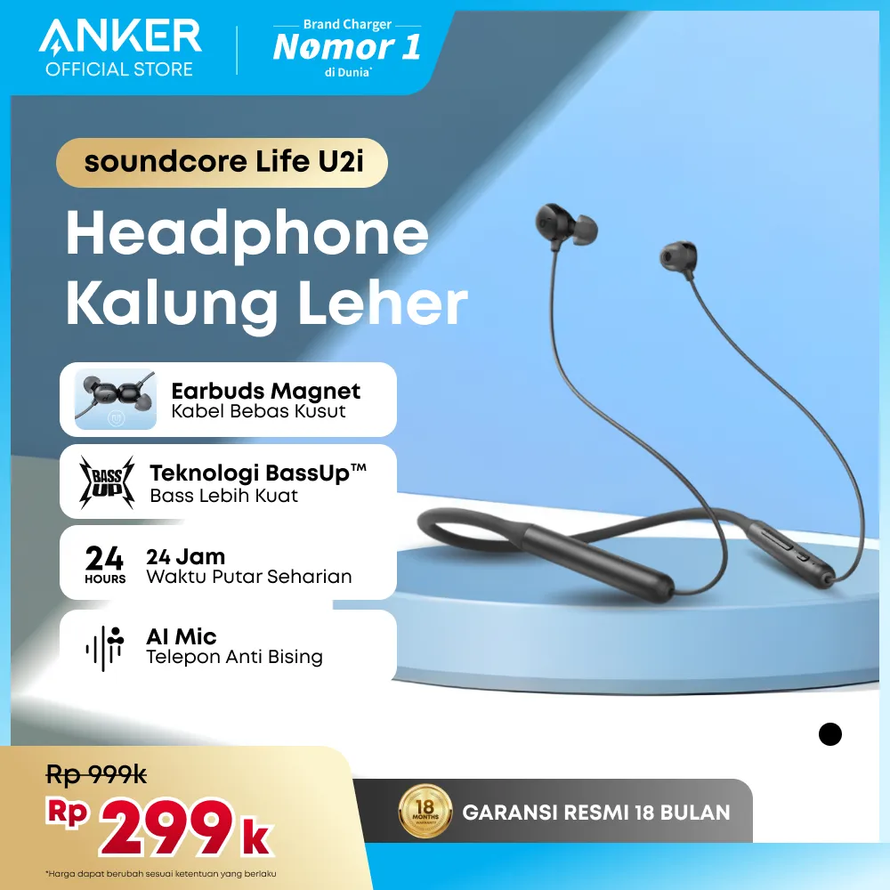 Soundcore by Anker Life U2i Wireless Neckband Headphones, 10mm Drivers with BassUp Technology, 24H Playtime, AI-Enhanced Calls, Foldable and Lightweight, IPX5 Water-Resistant - A3213