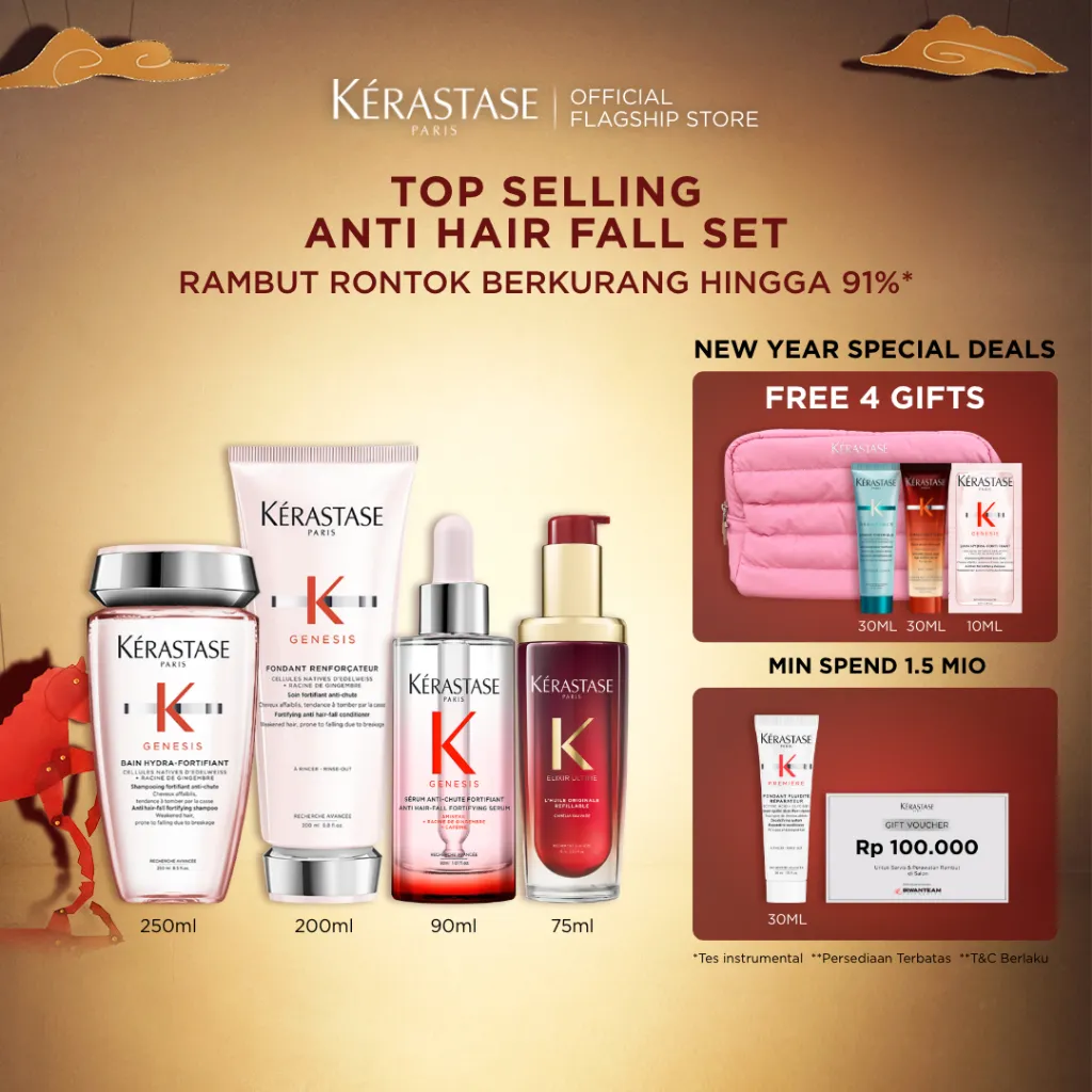 [LIMITED EDITION ]Kerastase Top Sellling Anti Hairfal Set + Elixir Ultime Hair Oil 75ml CNY Edition - Bain Hydra Genesis Shampoo 250ml, Serum Genesis 90ml, Fondant Renforcateur & Patah 200ml, Elixir Ultime Hair Oil 75ml CNY Edition