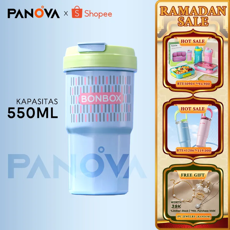PANOVA Tumbler Botol Minum 550ml - Bahan Plastik PP BPA FREE, Anti Bocor, Portable & Aesthetic BTE50305
