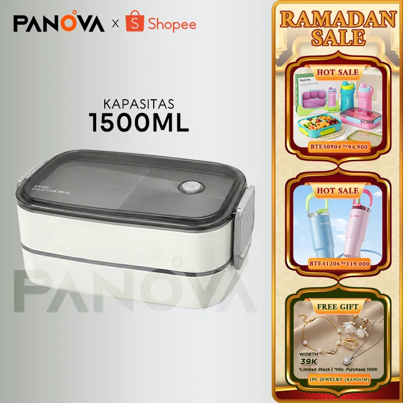 PANOVA Lunch Box 2 Tingkat - Kotak Makan Microwaveable Bahan Plastik Food Grade dengan FREE Alat Makan Praktis untuk Bekal - BTW40