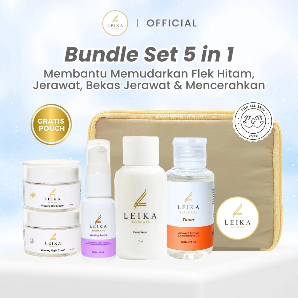 Leika Skincare Paket 5 in 1 100% RESMI BPOM & HALAL MUI Paket Cream Flek Hitam & Bintik Hitam, Melasma, Anti Aging, Krim Wajah Berjerawat dan Bekas Jerawat Hitam Bopeng Bruntusan Milia Komedo Freckle Bintik Noda Krim Kulit Kusam Kering Berminyak Sensitif