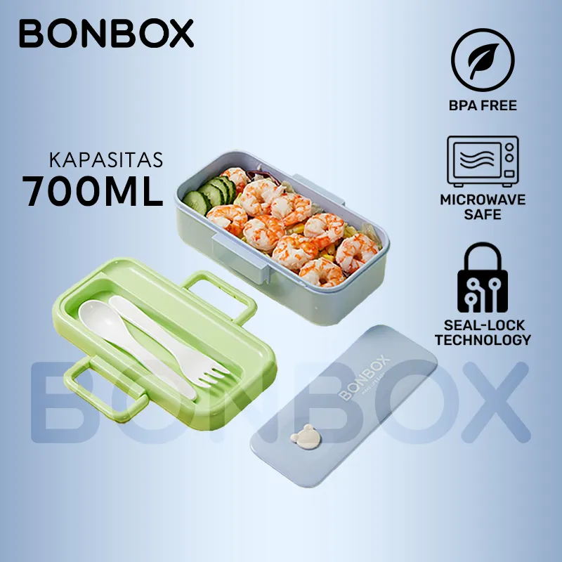 BONBOX Lunch Box 700ML - Kotak Makan Aman Microwave & Anti Bocor Bahan PP Food Grade BPA Free + FREE Sendok Garpu - BTE50303