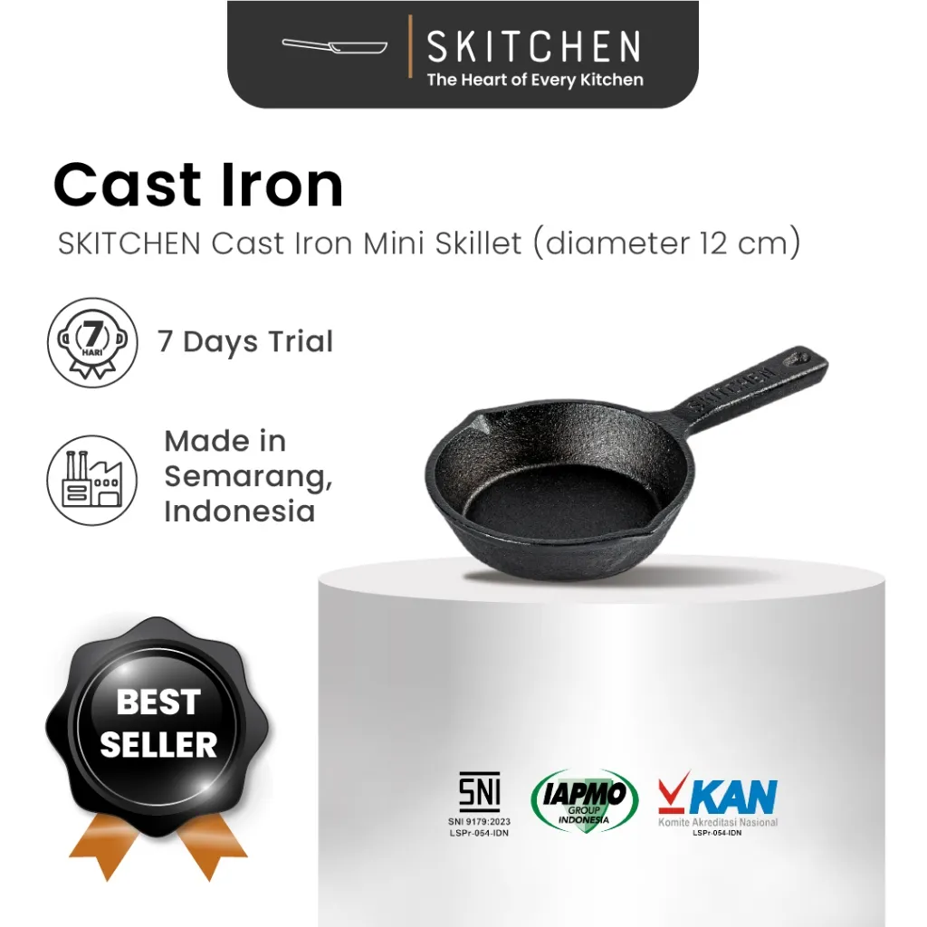 SKITCHEN Cast Iron Mini Skillet (12 cm) - Wajan Telur, Pancake, Martabak Besi Cor Premium Anti Gores