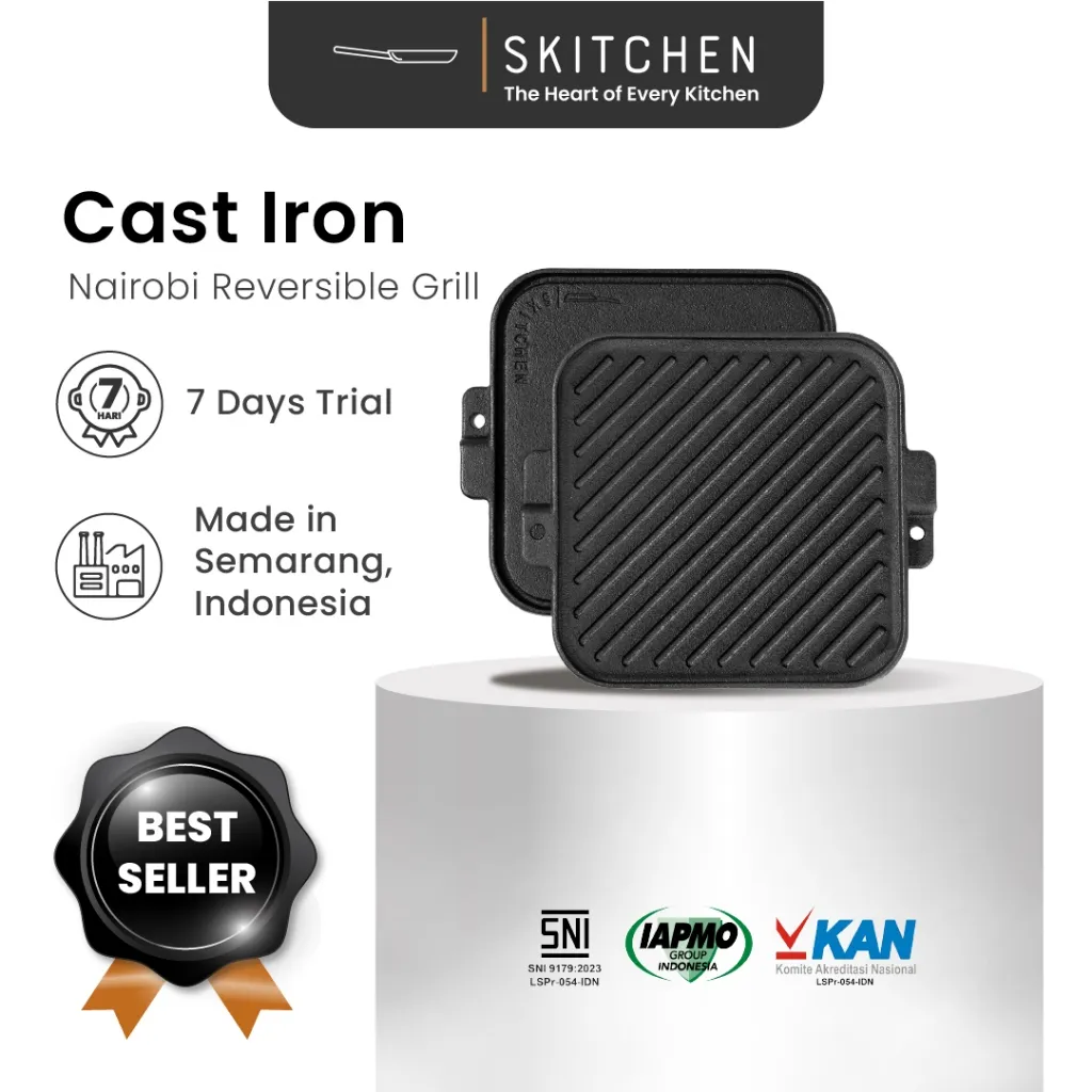 SKITCHEN Cast Iron Nairobi Reversible Grill-Panci Premium 2 in 1 Alat Panggangan BBQ, Pancake, Steak