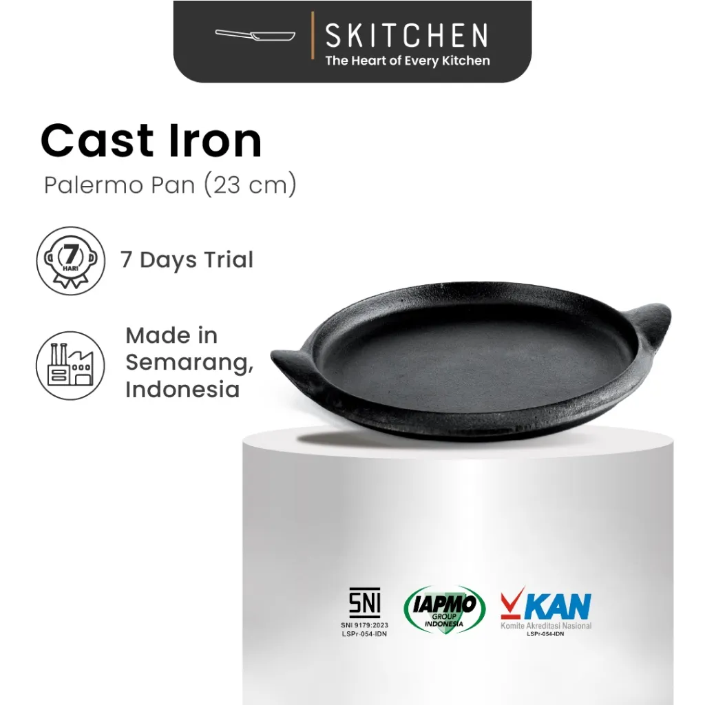 SKITCHEN Cast Iron Palermo Pan (23 cm) - Wajan Pemanggang Bulat, Alat Panggangan BBQ, Steak Premium