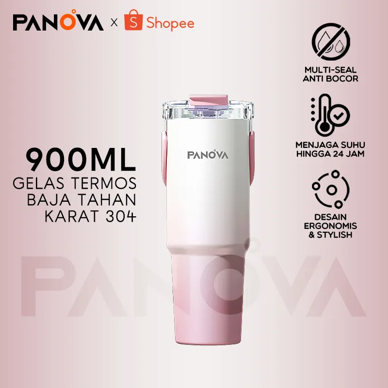 Tumblr PANOVA Stainless Steel 304 900ml Gradien Pink-Putih Tahan Dingin 8J Tali Tersimpan BTE41206