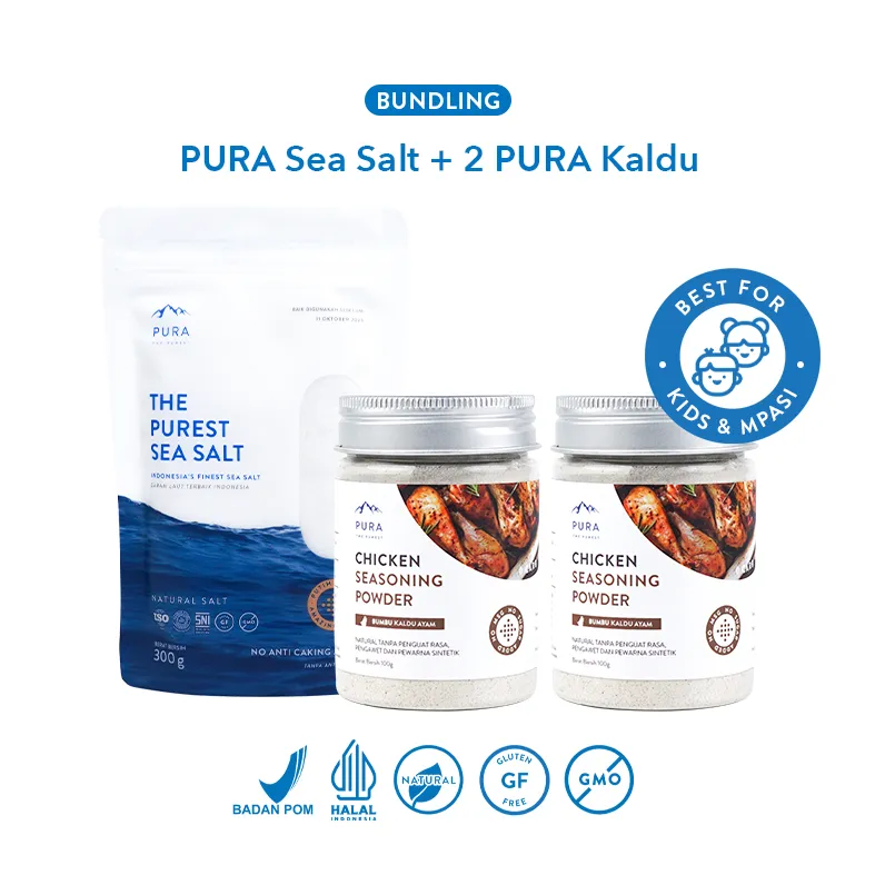 Pura 2 Bumbu Kaldu Asli 100gr, Sea Salt 300gr [3PCS] Garam Laut - Garam Organik - Kaldu Mpasi - BB Booster - No Gula Non MSG - Kaldu Serbaguna - Garam Murni - Garam Rendah Natrium