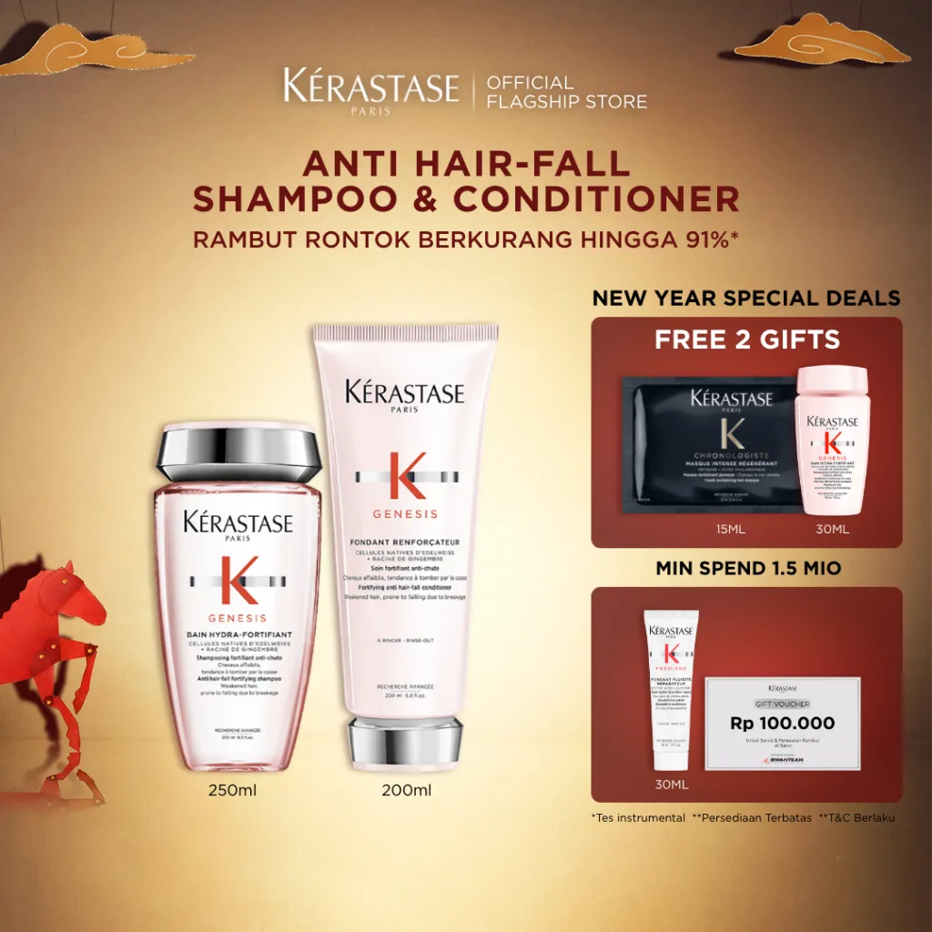 Kerastase Anti Hair Fall Shampoo & Conditioner - Bain Hydra Genesis Shampoo 250ml, Fondant Renforcateur Kondisioner Rambut Rontok & Patah 200ml