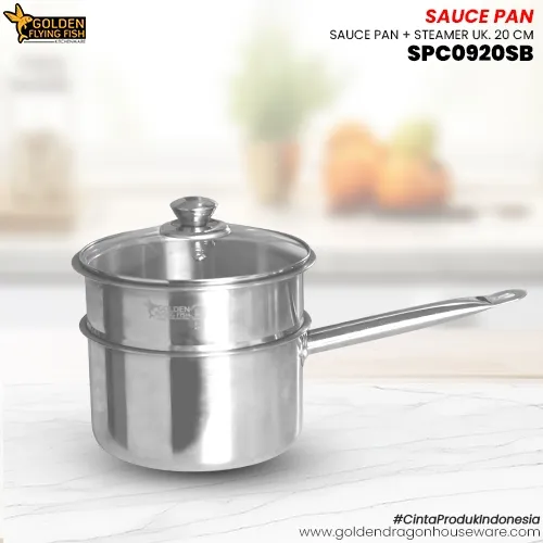 Arwana Houseware Sauce Pan Stainless Steel 20 cm with Steamer SPC0920SB - Golden Flying Fish
