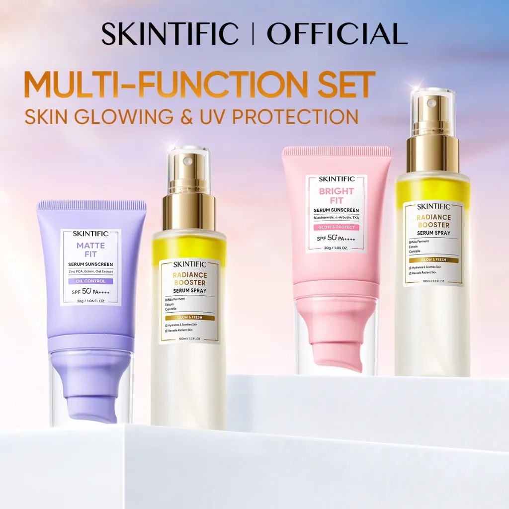 SKINTIFIC - 2PCS Tone-up Set | Instant Glow Serum Spray & Brightening Sunscreen SPF 50+ PA++++ Travel Size Kulit Lebih Cerah Matte Sunscreen Bundle Combo UV Protection