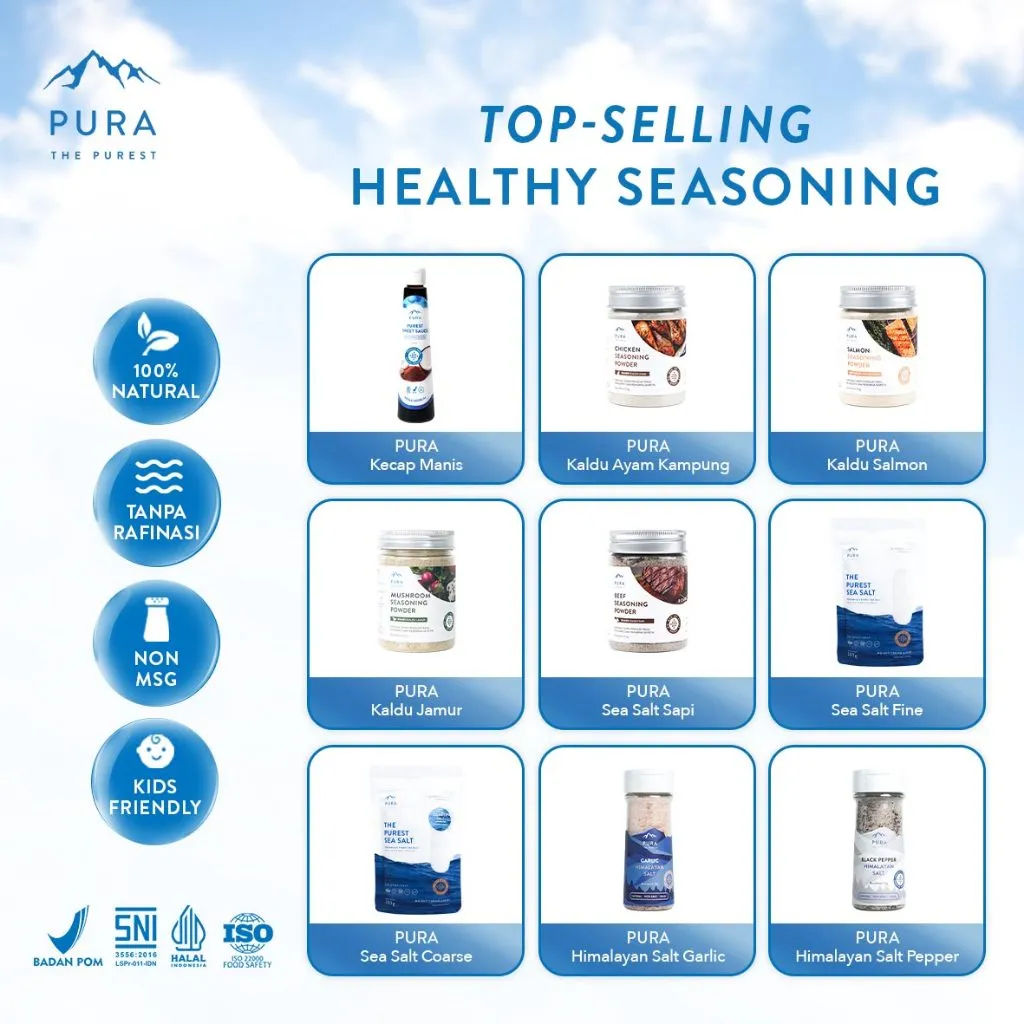 [TOP SELLING] Pura Healthy Seasoning - Bumbu Dapur Kaldu Asli 100g Garam Rendah Natrium 300g Kecap Manis Rendah Gula Non Soy Bean Himalayan Salt
