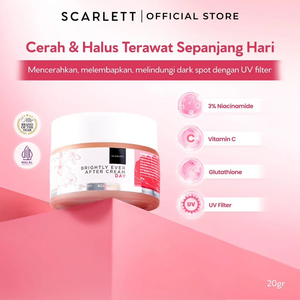 Scarlett Whitening Brightly Ever After Day Cream - Moisturizer Krim Pelembab Wajah untuk Mencerahkan Melembabkan & Memudarkan Noda Hitam di Kulit Wajah dengan Sensasi Menyegarkan || Kombinasi Glutathione & Niacinamide sebagai Pemutih Wajah