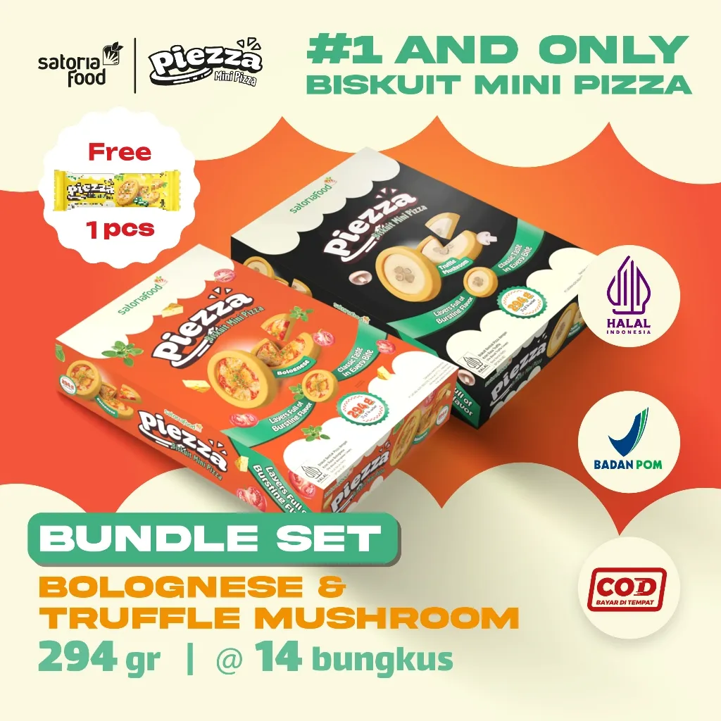 SatoriaFood - Snack Piezza Bundle Set Bolognese Truffle Mushroom Pepperoni 294gr ( 21gr x14 bungkus ) Cemilan Biskuit Pie Mini Rasa Pizza