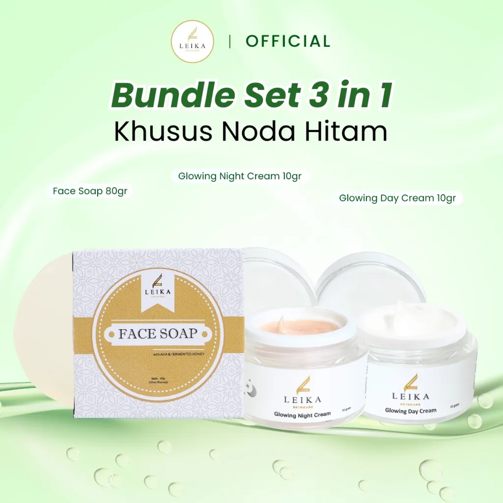 Leika Skincare Paket 3 in 1 Khusus Flek Hitam Glowing Day Cream, Glowing Night Cream & Face Soap Resmi BPOM dan Halal MUI