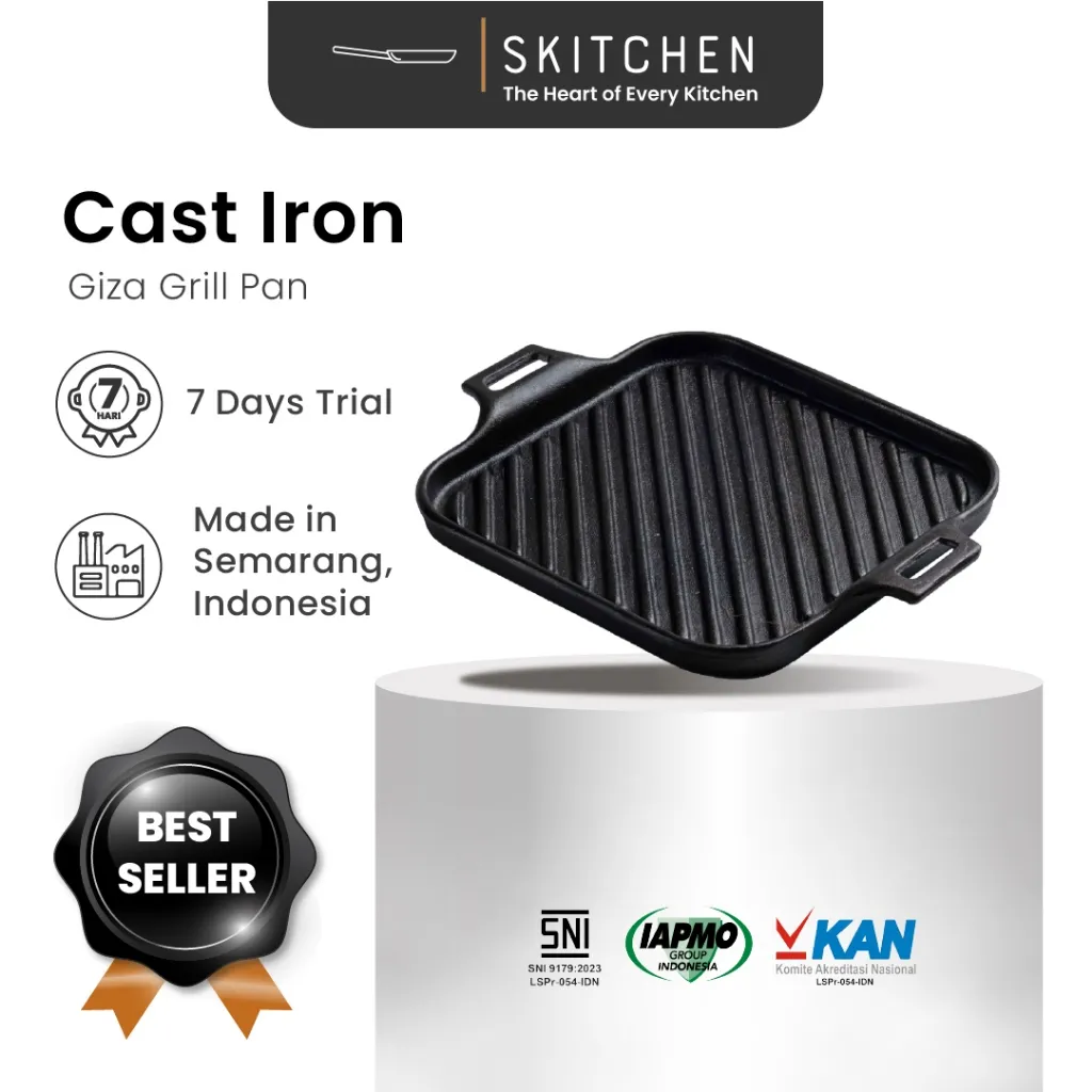 SKITCHEN Cast Iron Giza Grill Pan - Panci Griller Alat Pangangan BBQ, Steak, Premium Anti Gores