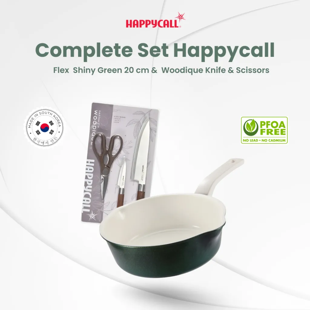 Complete Set Happycall Flex  Shiny Green 20 cm &  Woodique Knife & Scissors (Set isi 3 Pcs)