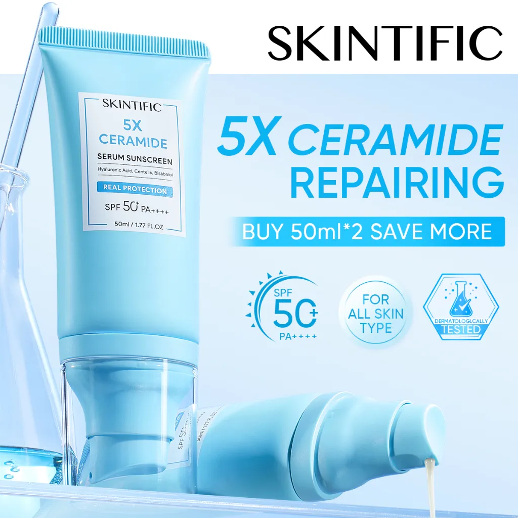 SKINTIFIC - 5X Ceramide Serum Sunscreen SPF 50+ wajah PA++++ | Oil Control Non-Comedogenic Sunscreen Ramah Jerawat Melindungi Skin Barrier Sunscreen Wajah Melembapkan Hidrasi Lembap Sunblock Sun-Repair Acne ProneI 2-in-1 Skincare Sunscreen Sunblock Glow