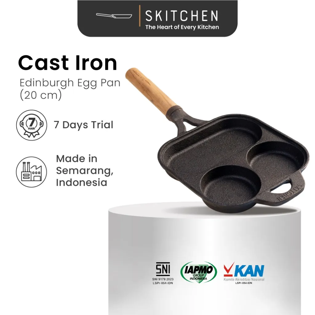 SKITCHEN Edinburgh Egg Pan (20 cm) - Cast Iron 3in1 Pan Multifungsi, Wooden Handle, Tahan Panas