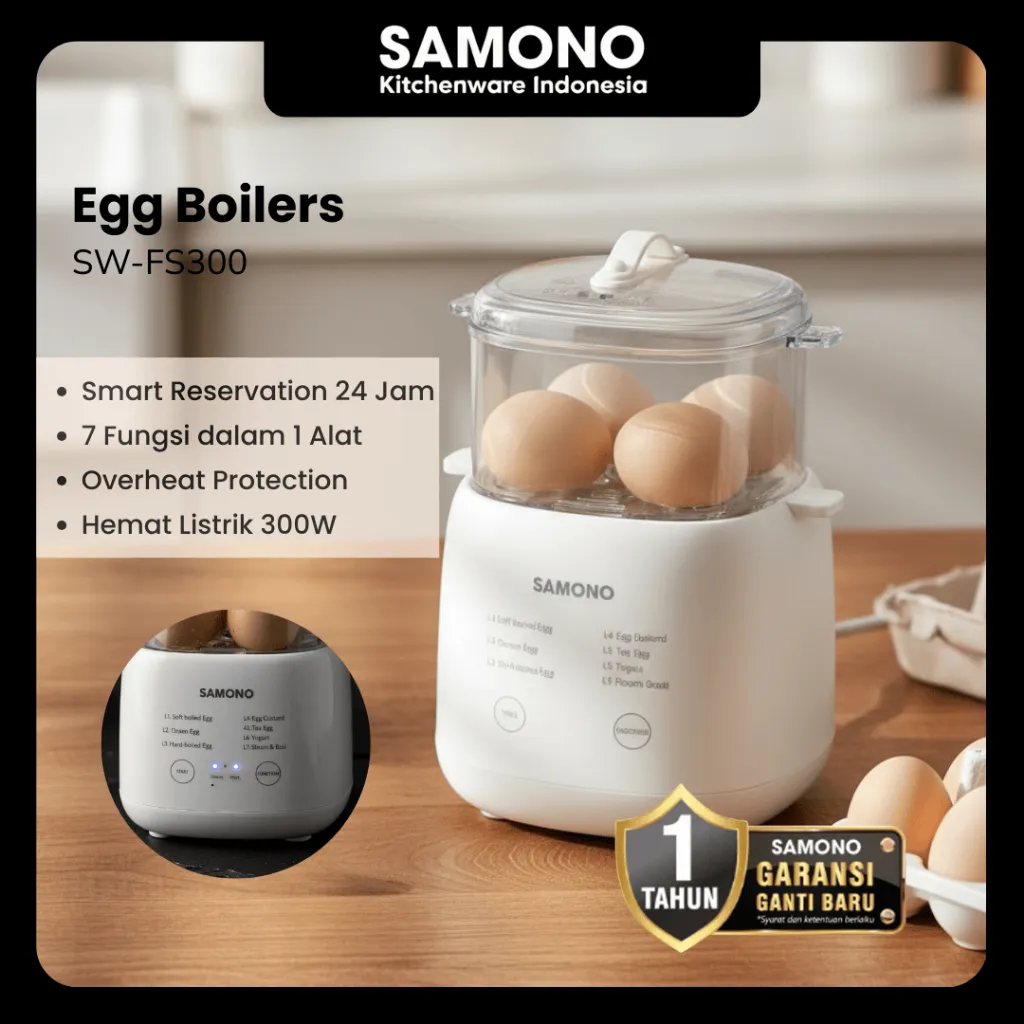 SAMONO Alat Rebus Telur Listrik Electric Steamer 850ml 7 Mode Pemanasan 24 Jam Alat Pengukus Elektrik Egg Boiler Wadah Kukusan Stainless Food Grade Tahan SW-FS300