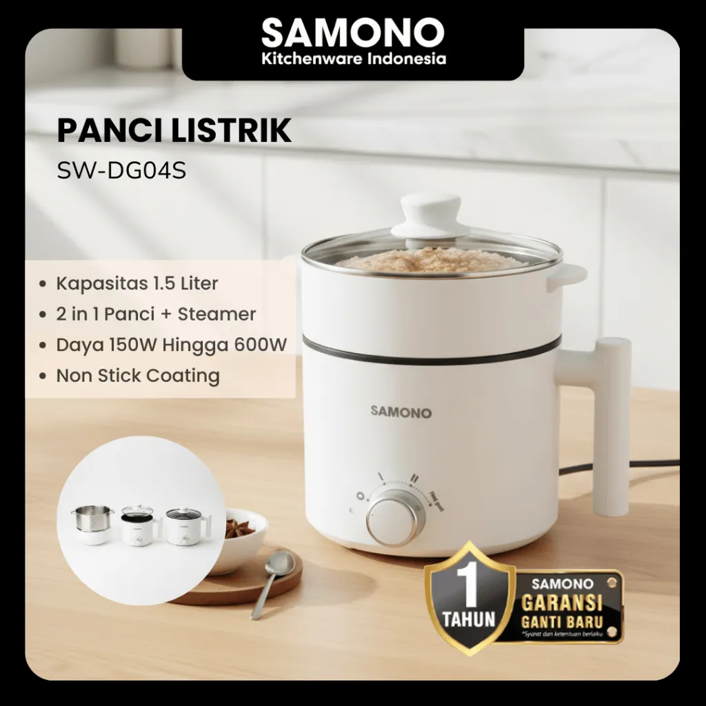 SAMONO Panci Listrik 1.5L Multicooker Low Watt dengan Kukusan Tutup Kaca Panci Elektrik Serbaguna Double Safe Protection, Anti Lengket, Cocok Anak Kos Panci Elektrik Multifungsi Rebus, Kukus, Tumis, Hotpot SW-DG04S