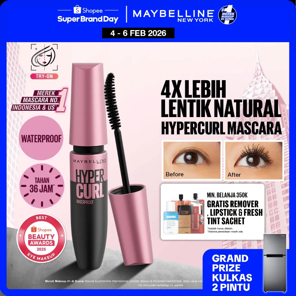 [SHOPEE BEAUTY AWARDS - BEST EYE MAKEUP] MAYBELLINE OFFICIAL Volume Express Hypercurl Waterproof Mascara 9.2 ml Maskara Eye Make up Bulu Mata Panjang Tebal Tahan 24 Jam Volumizing Extending Smudgeproof