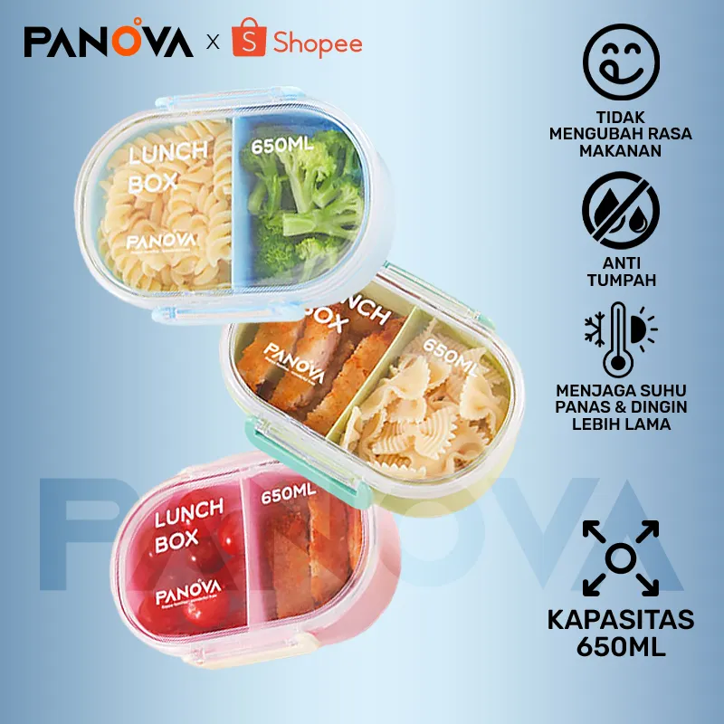 PANOVA Lunch Box Oval 650ml - Kotak Makan 2 Kompartemen Anti Bocor, Food Grade BPA Free, Desain Ergonomis untuk Bekal Kantor/Sekolah - BTE50401