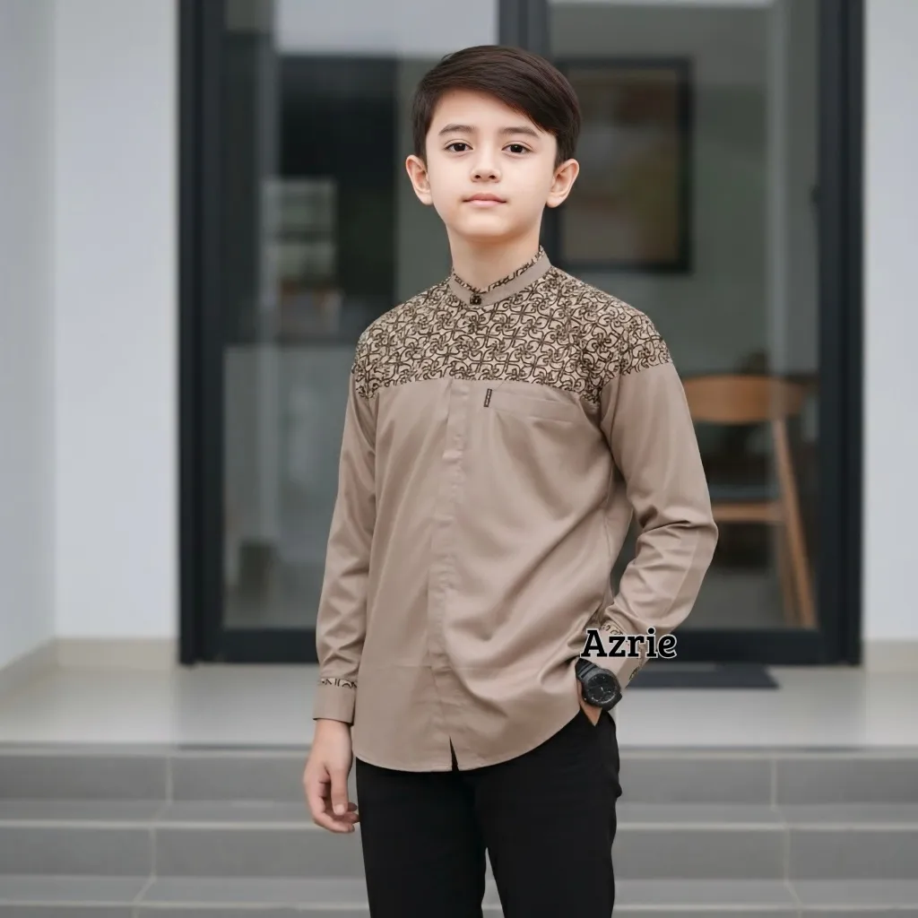 Baju Koko Anak Laki Laki Lengan Panjang Kombinasi Batik Motif Bima Bahan Adem Usia 6-14 Tahun