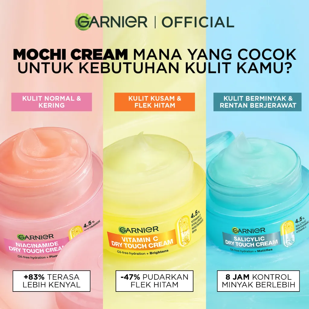 [NEW] BIG SIZE Garnier Mochi Dry Touch Cream 50ml 4.5% Vitamin C / Niacinamide / Salicylic Acid Moisturizer Pelembab Wajah Skin Barrier Soothing Balm Kulit Kering Iritasi Skincare Set Krim Siang Krim Malam Day Cream Serum Tone Up Cream
