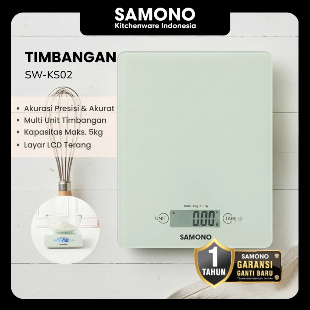 [NEW MODEL] SAMONO Timbangan Dapur Digital 5kg Kitchen Scale 1 gram Akurat Hemat Daya, Tare Function, LCD Display Garansi 1 Tahun SW-KS02