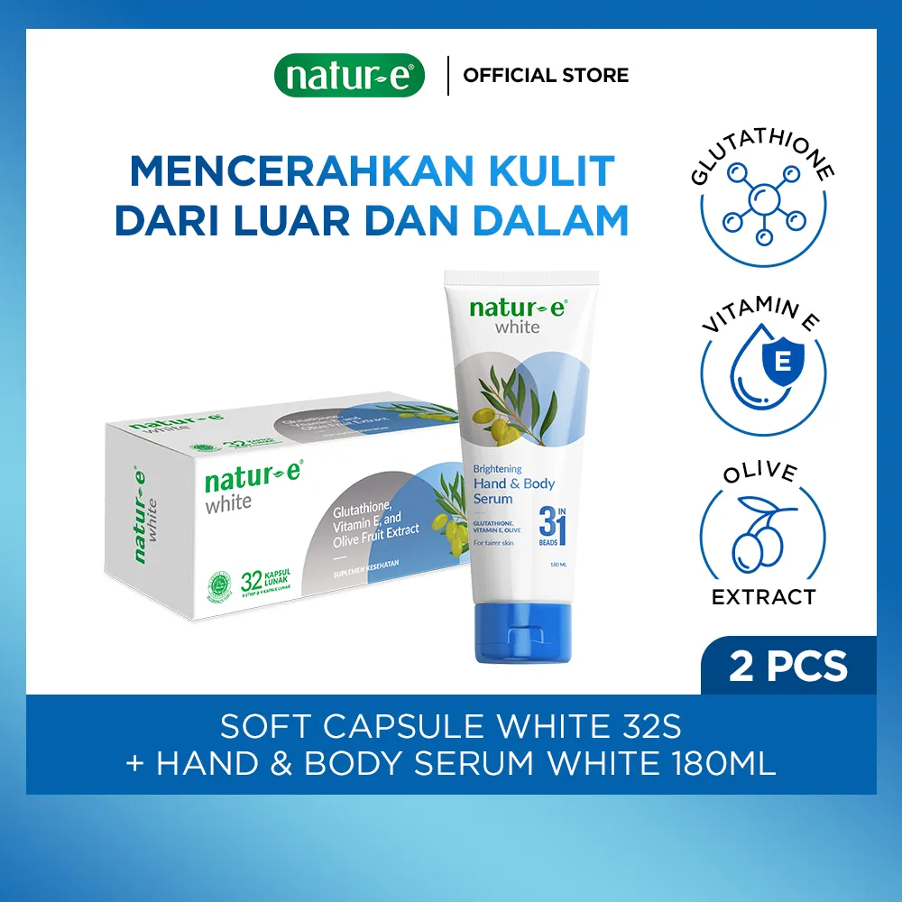 Natur-E Paket White - Soft Capsule White 32s & Hand Body Serum 180ml - Paket Skincare & Suplemen Kecantikan Dengan Vitamin E & Glutathione - Membantu Menjaga Kesehatan Kulit dari Dalam