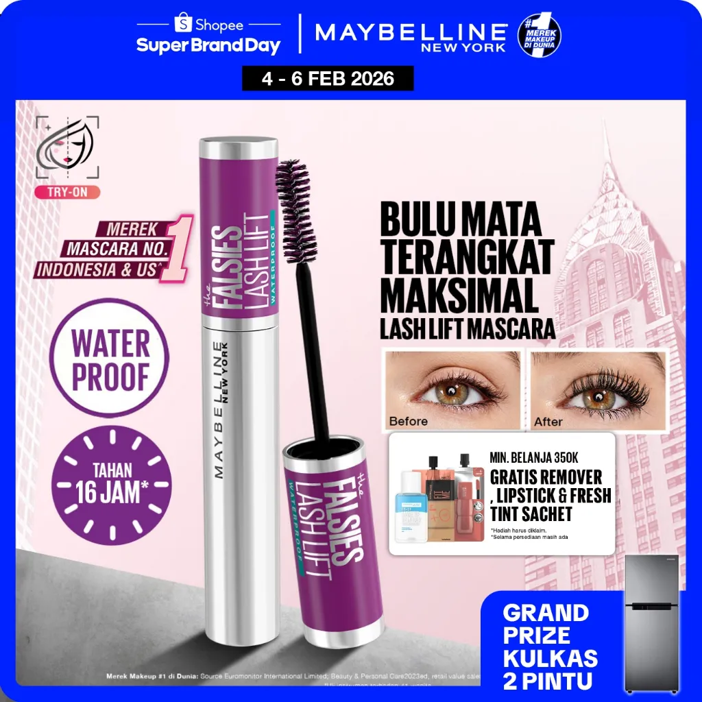 MAYBELLINE OFFICIAL The Falsies Lash Lift Mascara Make Up 8.6ml Waterproof Maskara Bulu Mata Panjang Tahan 16 Jam Volumizing Extending Smudgeproof