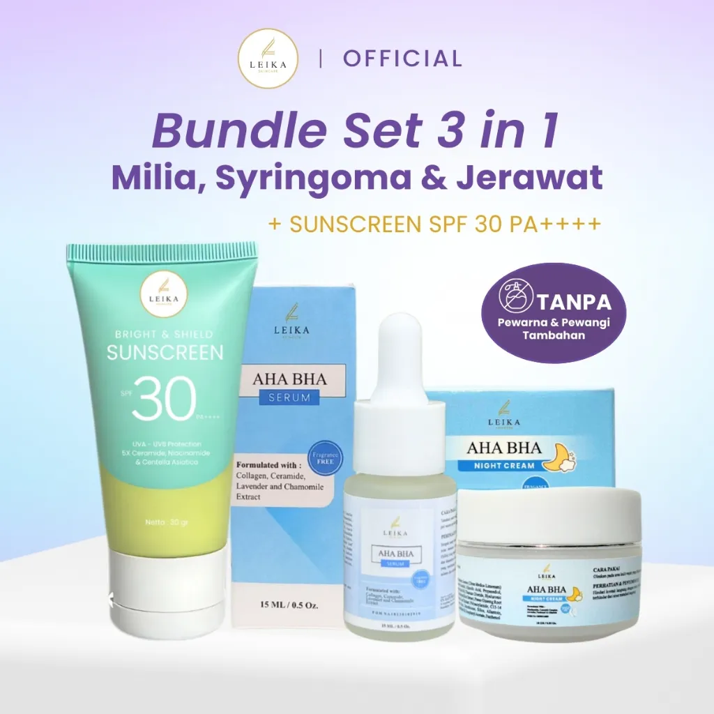 Leika Skincare Paket 3 in 1 Bright & Shield Sunscreen SPF 30 PA++++, AHA BHA Serum Dan AHA BHA Night Cream Resmi BPOM