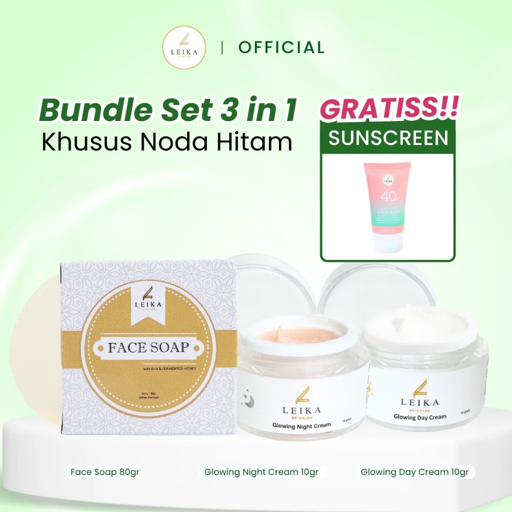 [GRATIS SUNSCREEN] Leika Skincare Paket Khusus Flek Hitam Glowing Day Cream, Glowing Night Cream & Face Soap Resmi BPOM dan Halal MUI