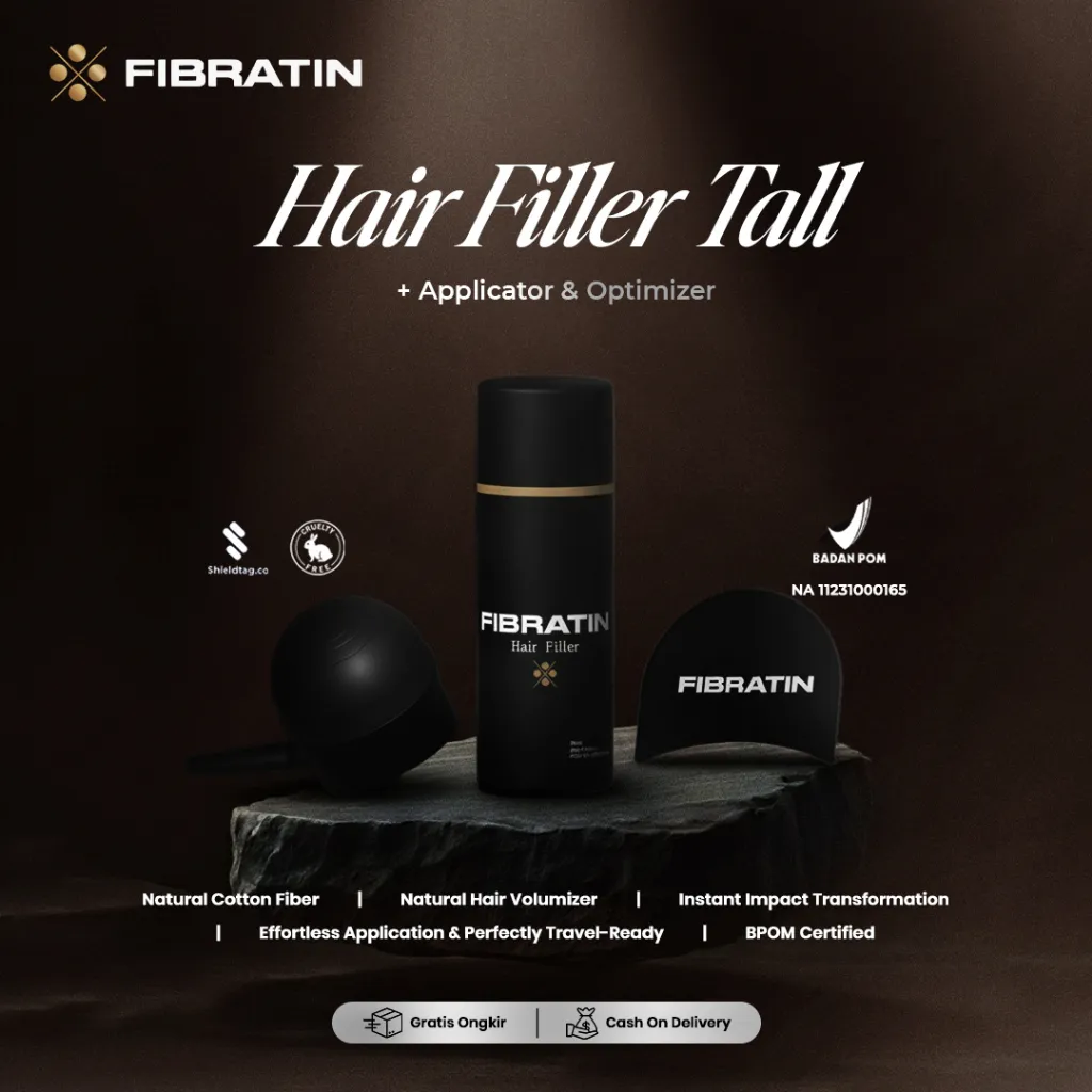 FIBRATIN Bundle 1Pcs Hair Filler Fiber Tall 25gr Penebal Rambut Instan Alami Bahan Serat Kapas + Applicator 1Pcs Untuk Aplikasikan Hair Filler + Optimizer 1Pcs Alat Bantu Aplikasi ke Rambut - Sudah BPOM & Shieldtag Hologram