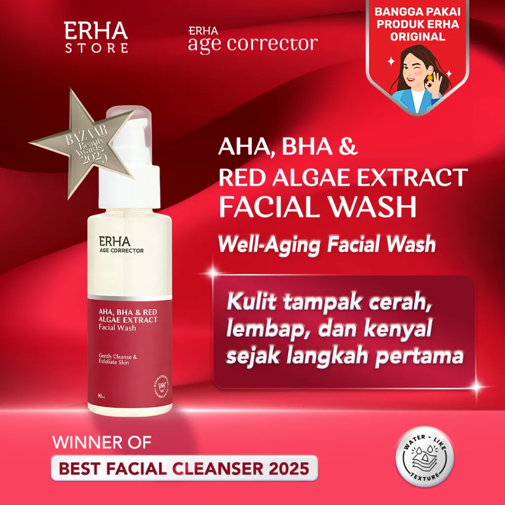 ERHA Age Corrector Facial Wash 90ml AHA, BHA & Red Algae Extract - Sabun Cuci Muka Anti Aging Awet Muda | PH Balance | Membersihkan | Melembabkan | Meremajakan Kulit | Anti Penuaan | Lembab Cerah Halus