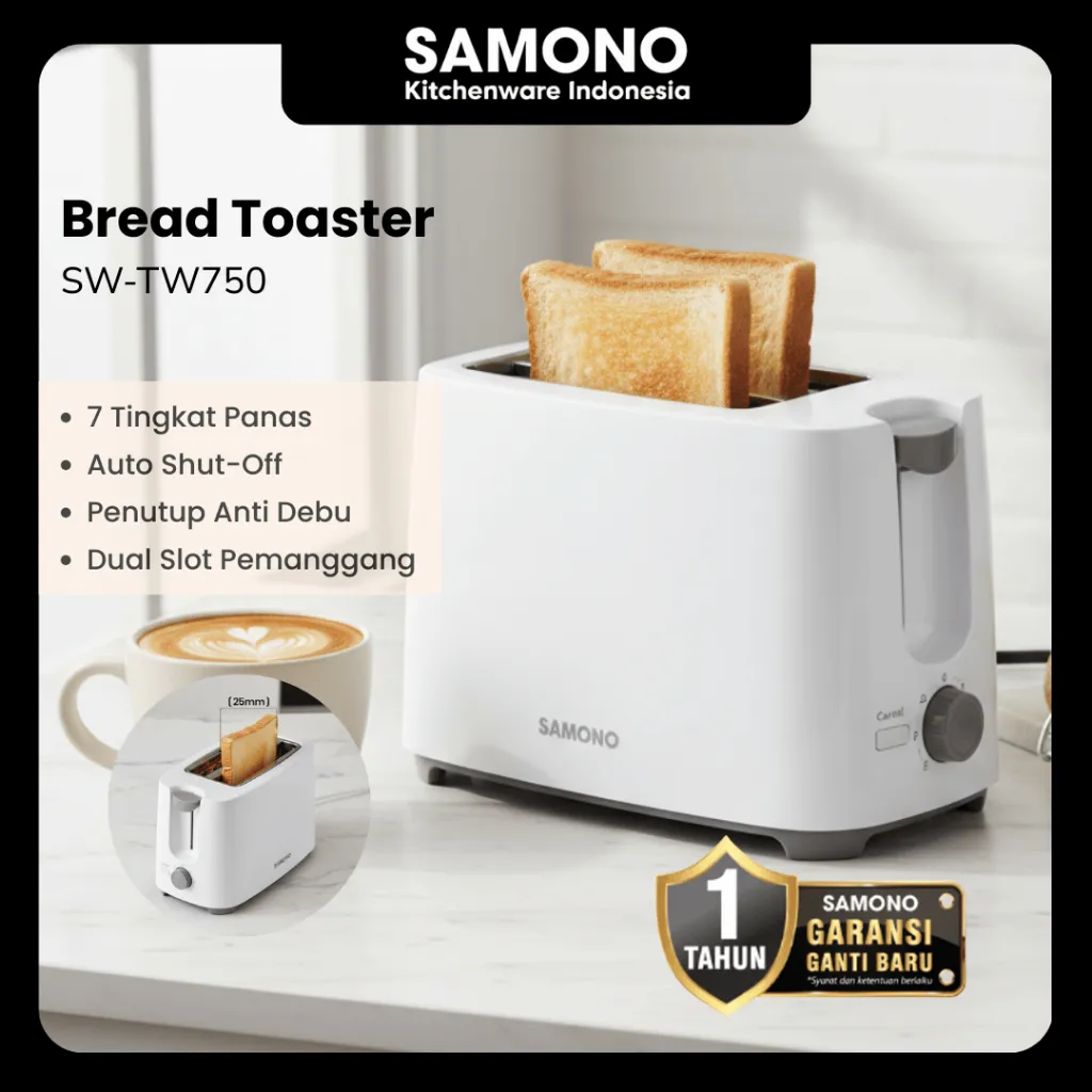 SAMONO Toaster Pemanggang Roti Elektrik Otomatis Sandwich Low Watt 7 Tingkat Suhu 2 Slot Garansi 1 Tahun SW-TW750