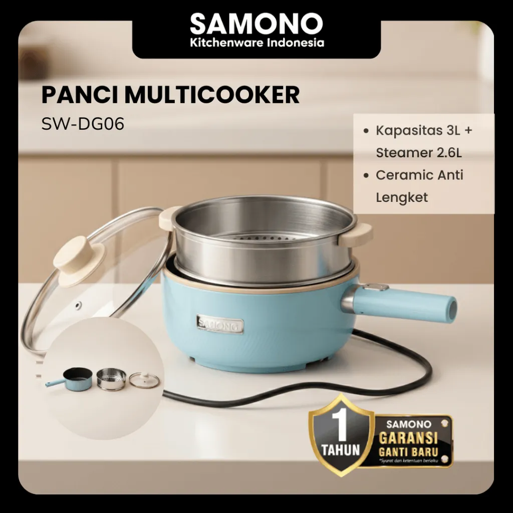 SAMONO Panci Listrik Multi Cooker 3L Anti Lengket + Kukusan 2.6L Keramik Food Grade Dual Power 500 1000W Low Watt SW-DG06