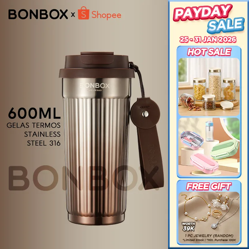 BONBOX Tumbler Botol Minum & Cangkir Kopi Portable - Stainless Steel 316 600ml Vacuum Insulated Tahan Panas Dingin dengan Tali Kulit & 2 Tutup (Desain Pilar Romawi) BKL50501