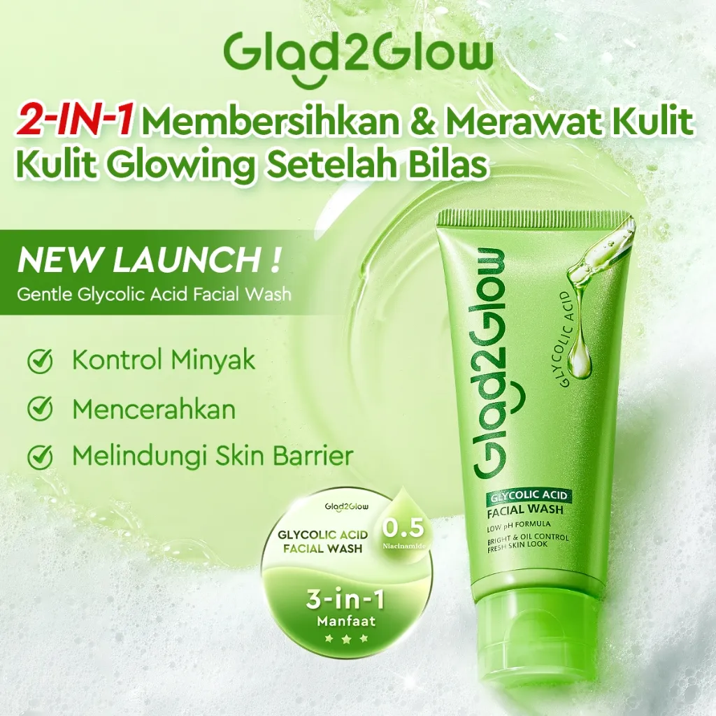[New]Glad2Glow Glycolic Acid Facial Wash 70ml Membersihkan & Merawat Kulit 2-in-1 Niacinamide face wash Pencerah Pembersihan micellar Lembut Hidrasi pembersih wajah Melindungi Barrier Kulit Sabun Wajah Cocok Untuk Kulit Sensitif g2glow official store