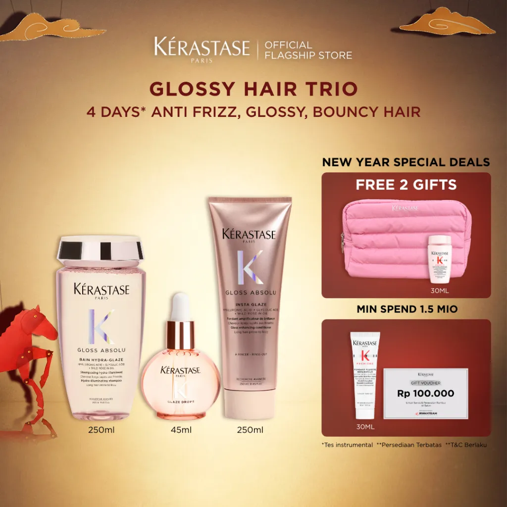 [New Launch] Kerastase Gloss Absolu Glossy Hair Trio Set - Bain Hydra Glaze 250ml, Fondant Insta Glaze 250ml, Glaze Drop Hair Oil 45ml - Shampoo, Conditioner, Hair Oil for Anti Frizz, Glossy, Bouncy Hair