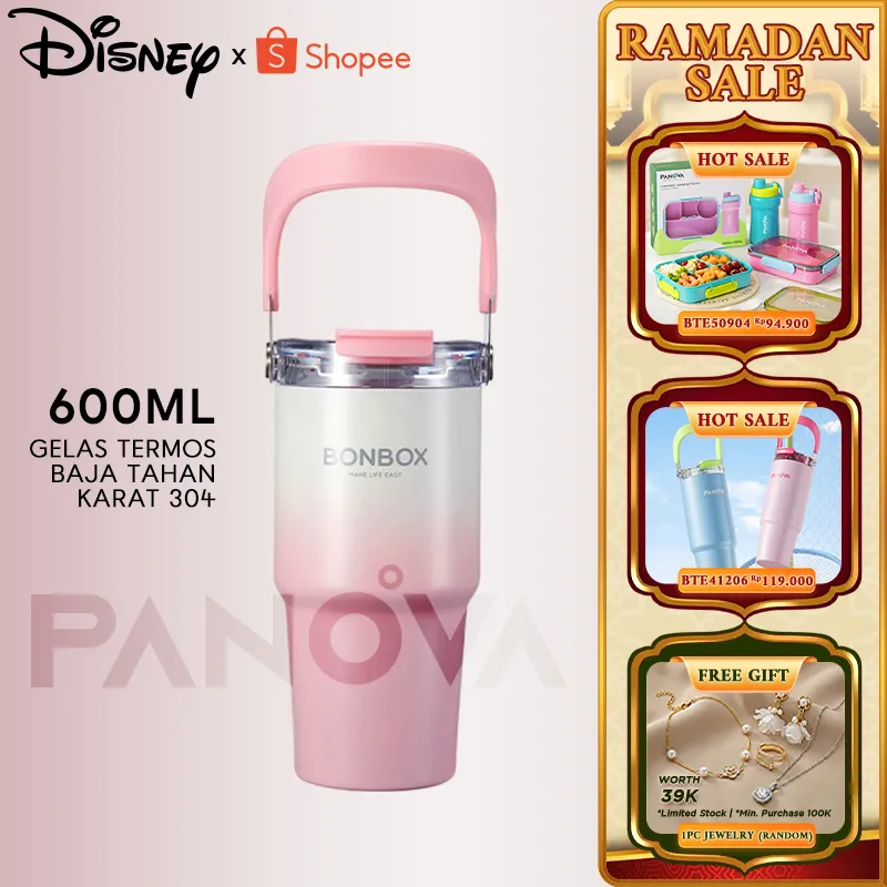 BONBOX Tumbler Botol Minum Stainless Steel 304 900ml - Tahan Panas Dingin Vacuum Insulated Portable Termos dengan Tali & Desain Gradien Pink Putih BTE41206A