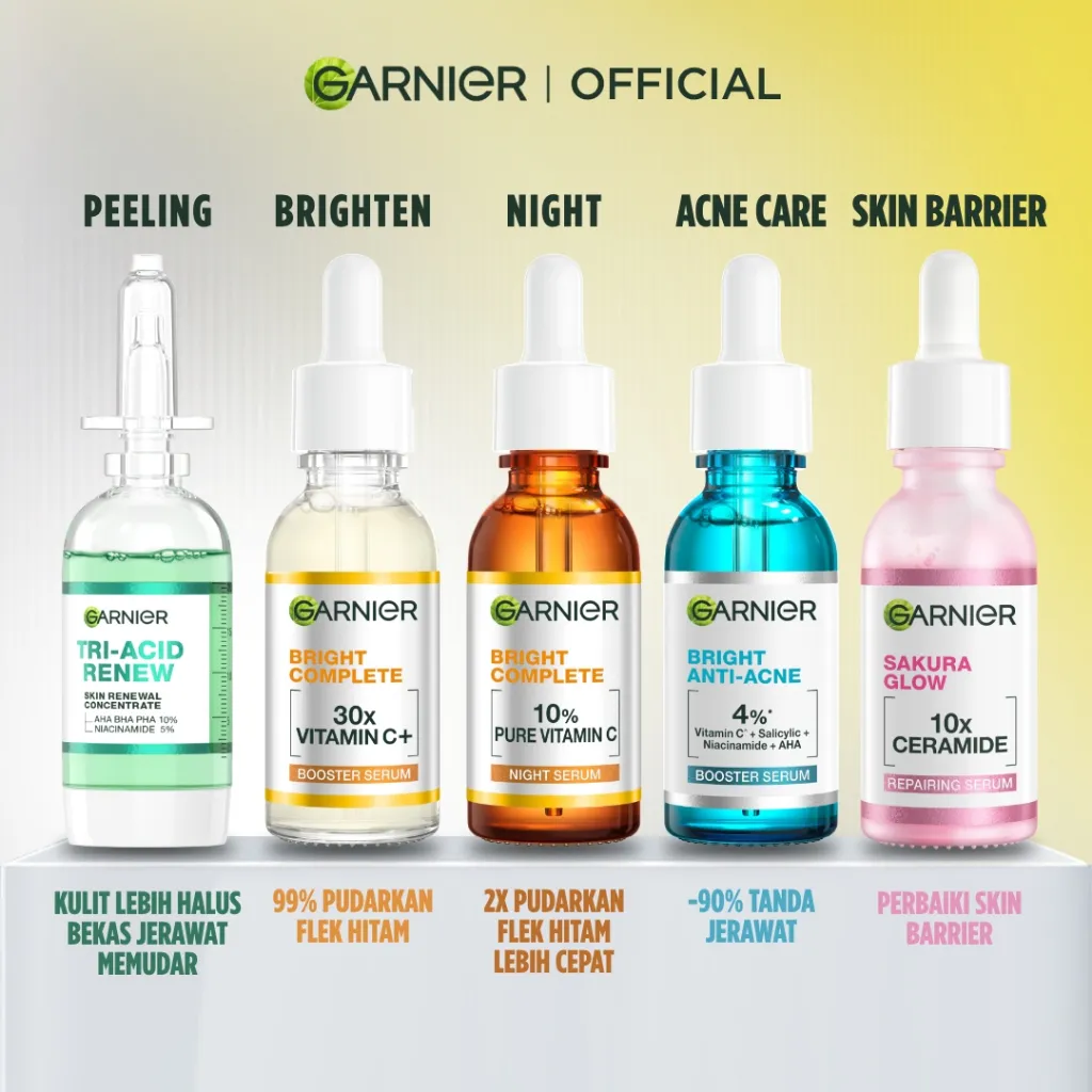 [HOT SALE] GARNIER Serum Skincare ALL VARIANT Serum Mencerahkan Wajah Vitamin C Ceramide Skin Barrier Salycilic Acid Night Peeling Serum 15ml 30ml 50ml Cocok untuk semua jenis kulit Serum Pagi & Malam