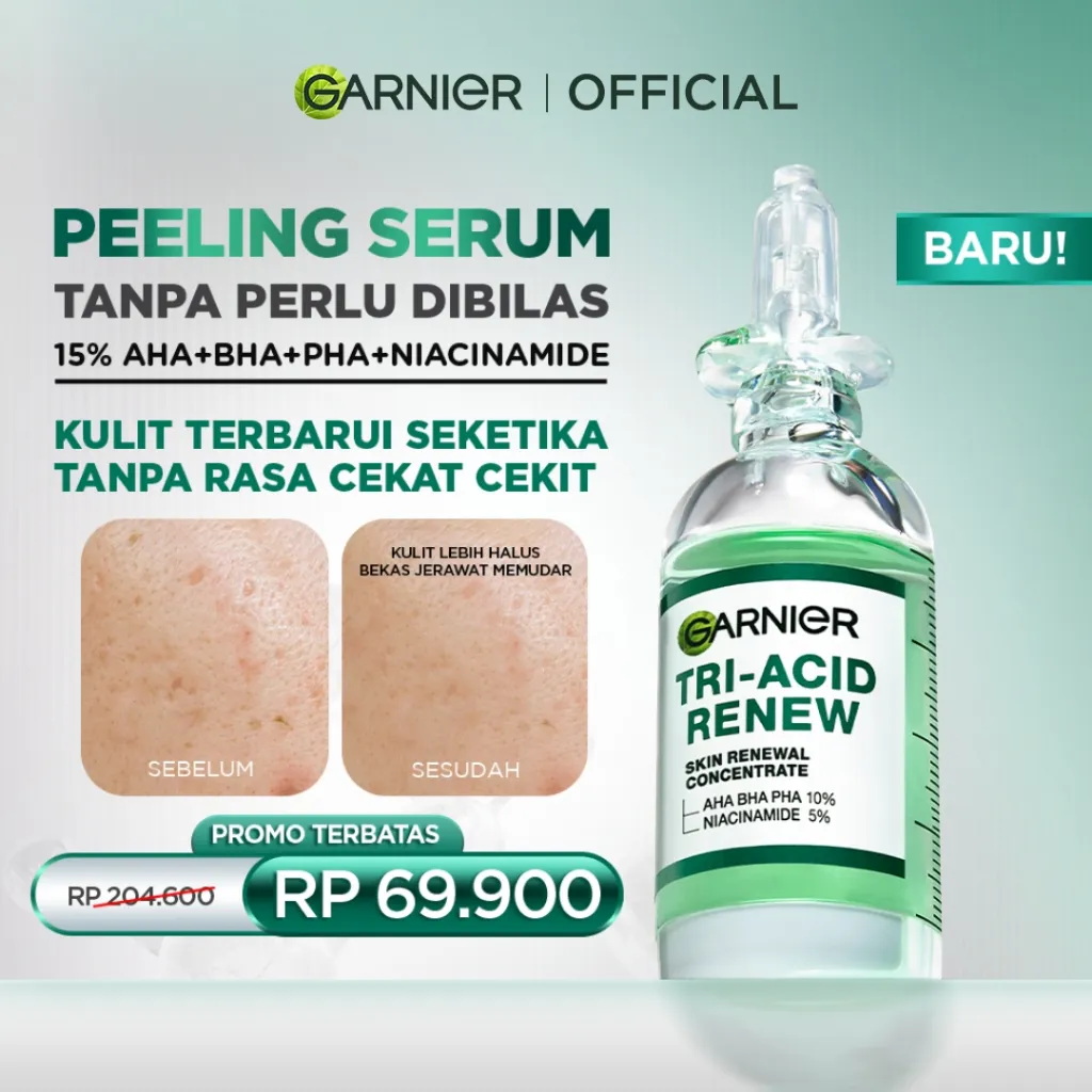 GARNIER Tri Acid Renew Peeling Serum Exfoliasi Wajah - Glass Skin AHA BHA PHA 10% Niacinamide 5% Skincare Exfoliating Renewal Concentrate kulit ideal daily safe for sensitive skin exfoliant serum mencerahkan wajah