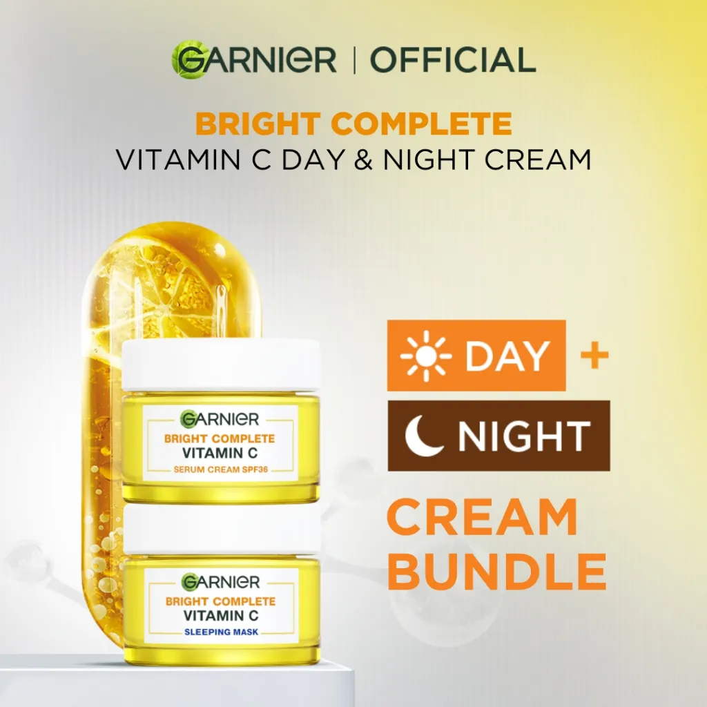 [HOT SALE] GARNIER Bright Complete Vitamin C Simple Set Day Cream & Night Cream 50 ml Krim Siang & Krim Malam Mencerahkan Bundle Paket Skincare 1 set lengkap moisturizer tone up pelembab wajah cream pemutih wajah glowing cepat