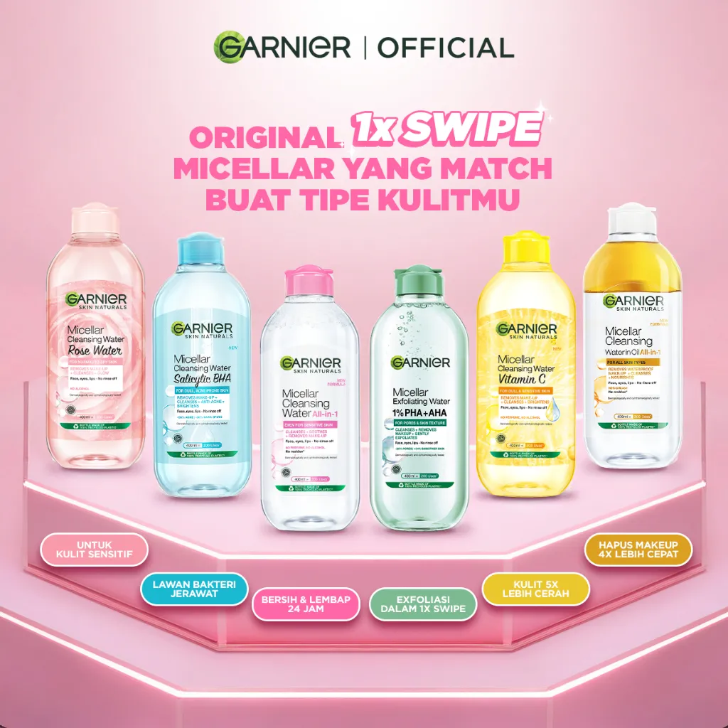 [GAJIAN SALE] GARNIER Micellar Water ALL VARIANT 400ml Skincare Cleansing - Pembersih Wajah & Make up Membersih dalam sekali swipe Suitable for All Skin Brightening Clear Skin Micellar Cleansing Water