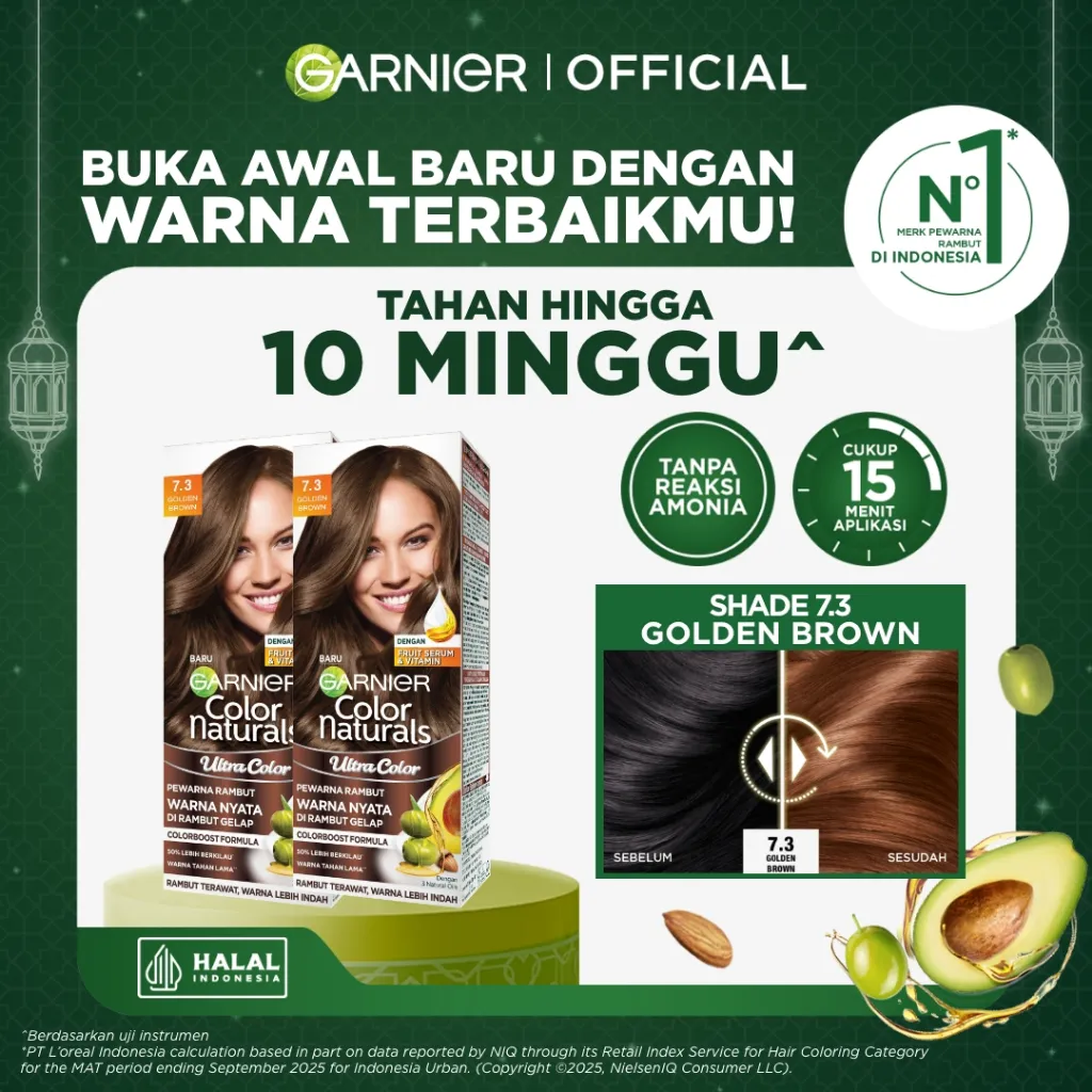 Garnier Color Naturals Hair Color - 7.3 Golden Brown (Cat / Pewarna Rambut Permanent) - Twinpack