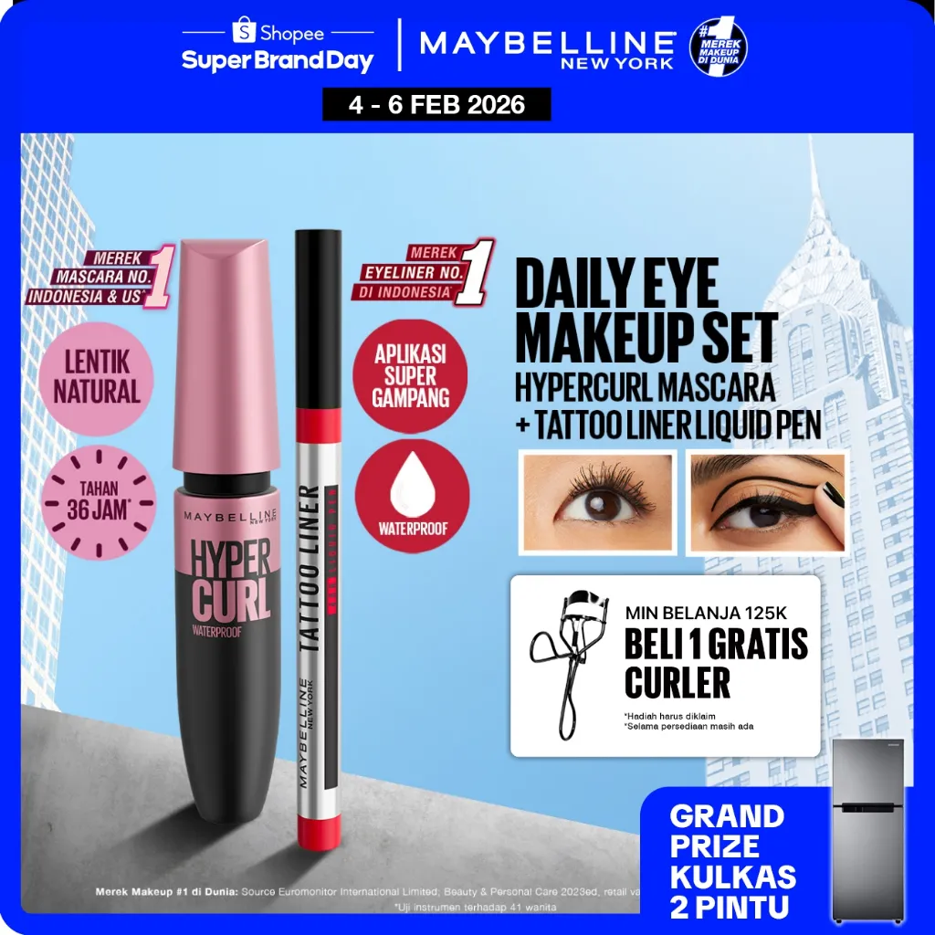 MAYBELLINE OFFICIAL Daily Eye Makeup Bundle Hypercurl Waterproof Mascara + Tattoo Liner 48H Liquid Pen Eyeliner Waterproof Tahan 48 Jam