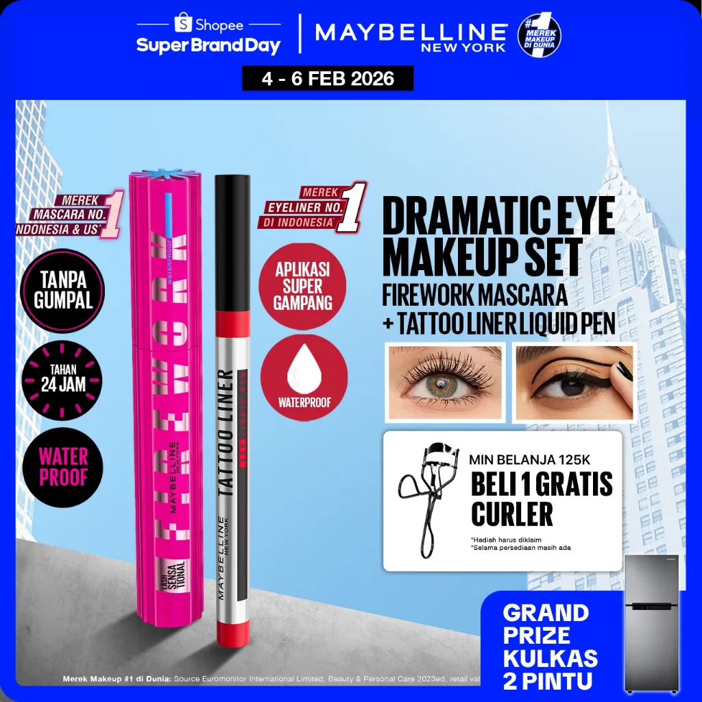 MAYBELLINE OFFICIAL Paket Makeup EYE Firework Mascara + Tattoo 48h Eyeliner - Waterproof Maskara Eye Makeup Black Smudgeproof Panjang