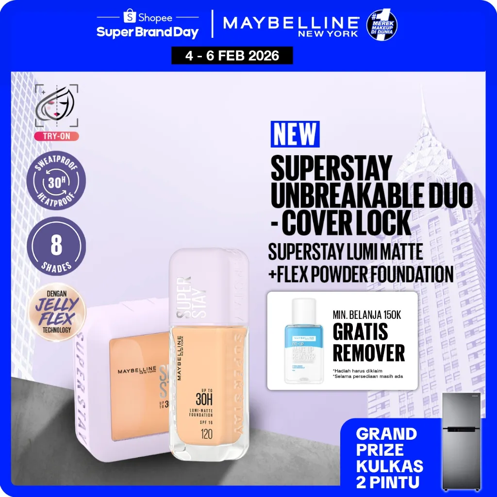[BARU HANYA DI SHOPEE] MAYBELLINE OFFICIAL Superstay Unbreakable Duo - Superstay Lumi Matte Foundation + Superstay Flex Powder Foundation Liquid Foundation Ringan Tahan Lama Two-Way Cake Oil Control Transferproof Waterproof Skintone Paket Complexion