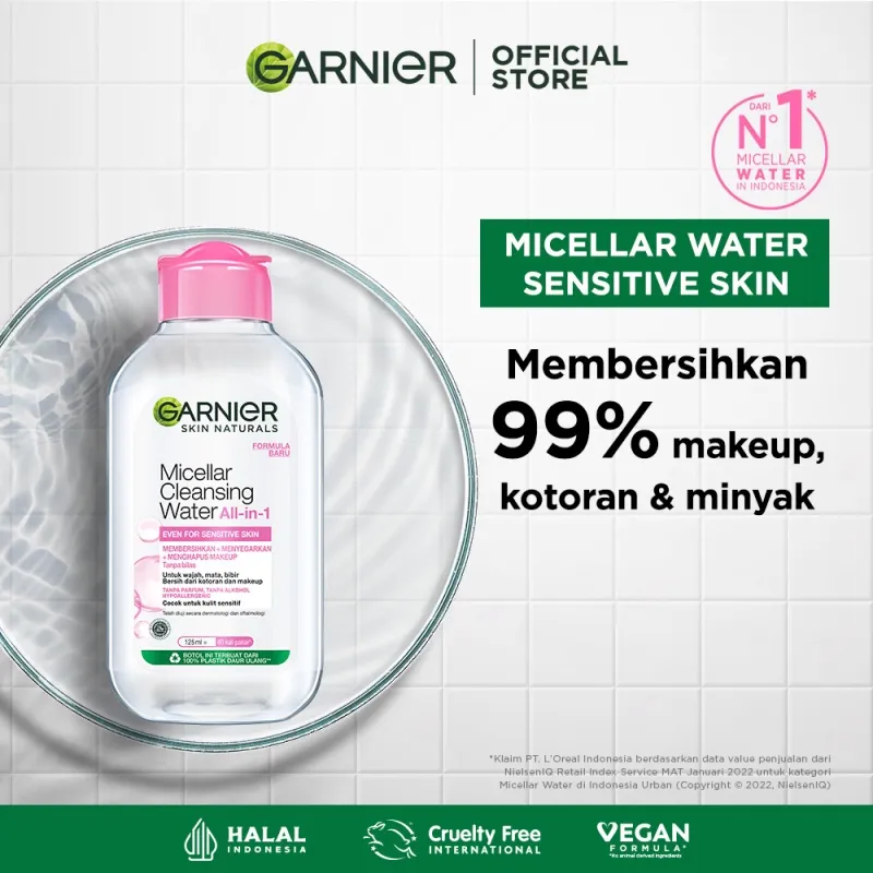 GARNIER Micellar Water Pink Skin Care 125ml Skincare Cleansing - Pembersih Wajah & Make up untuk Kulit Sensitif Micellar Cleansing Water